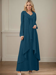 Elegant V-Neck Long Sleeves Floor-Length Mother Of The Bride Dresses WithWrap