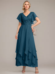 A-line V-Neck Ankle-Length Lace Chiffon Mother of the Bride Dress With Cascading Ruffles
