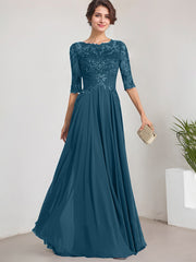 A-line Scoop Illusion Floor-Length Lace Chiffon Mother of the Bride Dress With Pleated Sequins