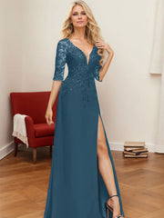 A-Line V-Neck 1/2 Sleeves Floor-Length Chiffon Mother Of The Bride Dresses With Lace