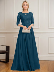 A-line Scoop Floor-Length Lace Chiffon Mother of the Bride Dress With Crystal Brooch Sequins