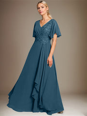 A-line V-Neck Floor-Length Lace Chiffon Mother of the Bride Dress With Cascading Ruffles Sequins