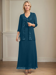 A-line V-Neck Ankle-Length Lace Sequin Chiffon Mother of the Bride Dress