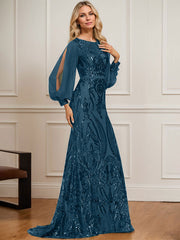 Trumpet/Mermaid Boat Neck Illusion Sweep Train Chiffon Sequin Evening Dress