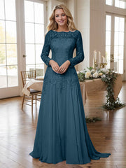 A-line Bateau Long Sleeves Appliques Lace Sweep Train Chiffon Mother of the Bride Dres