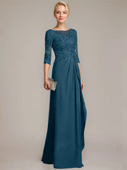 A-line Scoop Illusion Floor-Length Chiffon Lace Mother of the Bride Dress With Beading Sequins Cascading Ruffles