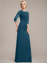 A-line Scoop Floor-Length Chiffon Lace Mother of the Bride Dress With Sequins Beading Pleated