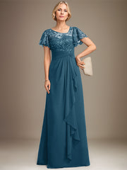 A-line Asymmetrical Illusion Floor-Length Lace Chiffon Mother of the Bride Dress With Cascading Ruffles Sequins