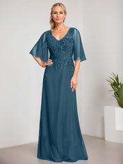 A-line V-Neck Floor-Length Lace Chiffon Mother of the Bride Dress With Sequins Beading