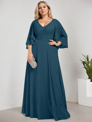A-line V-Neck Floor-Length Chiffon Lace Mother of the Bride Dress With Sequins Beading