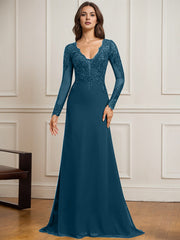 Sheath/Column V-Neck Detachable Sweep Train Lace Tulle Chiffon Mother of the Bride Dress With Sequins