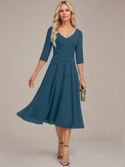 A-line V-Neck Tea-Length Chiffon Mother of the Bride Dress With Pleated