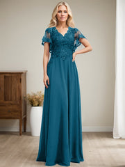 A-line V-Neck Floor-Length Lace Chiffon Mother of the Bride Dress With Sequins