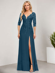 Sheath/Column V-Neck Floor-Length Lace Chiffon Mother of the Bride Dress With Sequins