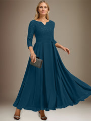 A-line V-Neck Ankle-Length Chiffon Lace Mother of the Bride Dress With Rhinestone