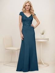 A-Line V-Neck Sweep Train Elastic Mother Of The Bride Dresses With Lace