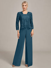 Silver Chiffon Pant and Lace Top Mother of The Bride Wide Pant Suits