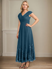 A-line V-Neck Ankle-Length Chiffon Mother of the Bride Dress With Bow Sequins Appliques Lace