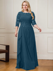 A-line Scoop Floor-Length Lace Chiffon Mother of the Bride Dress With Cascading Ruffles Sequins