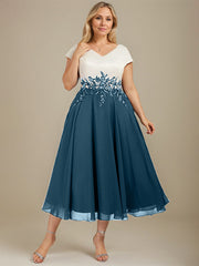 A-line V-Neck Tea-Length Satin Chiffon Mother of the Bride Dress With Appliques Lace