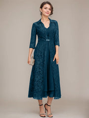 A-line V-Neck Tea-Length Chiffon Mother of the Bride Dress