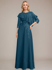 A-line Scoop Illusion Floor-Length Chiffon Lace Mother of the Bride Dress With Ruffle Sequins Beading