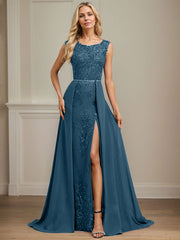 Sheath/Column Scoop Illusion Floor-Length Detachable Chiffon Lace Mother of the Bride Dress With Sequins Beading
