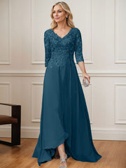 A-Line V-Neck 3/4 Sleeves Chiffon Mother Of The Bride Dresses With Lace