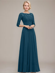 A-line Boat Neck Illusion Floor-Length Chiffon Lace Mother of the Bride Dress With Sequins Beading