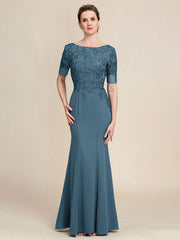Grey Blue Mermaid Floor Length Chiffon Mother of Bride Dress With Appliques