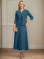 Separates A-line Scoop Tea-Length Chiffon Mother of the Bride Dress With Sequins Beading