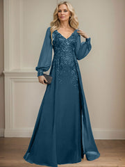 A-Line V-Neck Long Sleeves Floor-Length Chiffon Mother Of The Bride Dresses With Lace
