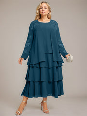 A-line Scoop Tea-Length Chiffon Mother of the Bride Dress With Cascading Ruffles