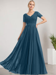 A-line V-Neck Floor-Length Lace Chiffon Mother of the Bride Dress
