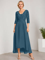 A-line V-Neck Asymmetrical Chiffon Lace Mother of the Bride Dress With Pleated Beading