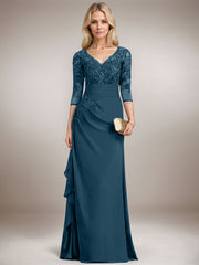A-line V-Neck Floor-Length Lace Chiffon Mother of the Bride Dress With Cascading Ruffles