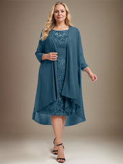 Sheath/Column Scoop Illusion Knee-Length Lace Chiffon Mother of the Bride Dress With Cascading Ruffles Sequins