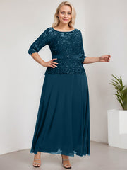 A-line Scoop Illusion Ankle-Length Chiffon Lace Mother of the Bride Dress With Rhinestone Beading