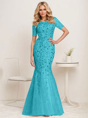 Floral Sequin Print Maxi Long Fishtail Tulle Mother Of The Bride Dresses
