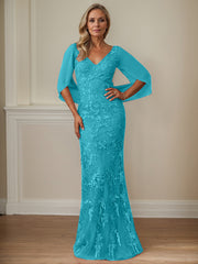 Sheath V-Neck Floor-Length Tulle Mother of the Bride Dress