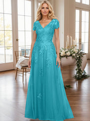 A-Line V-Neck Short Sleeves Sweep Train Lace/Tulle Mother Of The Bride Dresses