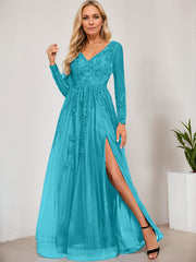 A-line V-Neck Floor-Length Tulle Prom Dresses With Sequins Appliques Lace Beading