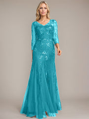 Trumpet/Mermaid Illusion V-Neck Floor-Length Tulle Sequin Lace Mother of the Bride Dress