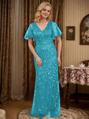 Sheath V-neck Short Sleeves Floor-Length Lace Mother of the Bride Dress