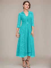 A-line V-Neck Tea-Length Chiffon Mother of the Bride Dress