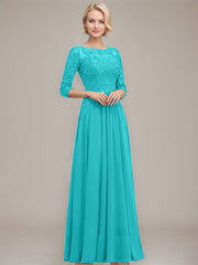 A-line Boat Neck Illusion Floor-Length Chiffon Lace Mother of the Bride Dress With Sequins Beading
