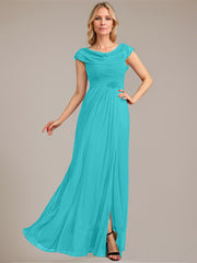 A-line Scoop Floor-Length Mesh Mother of the Bride Dress With Pleated Beading