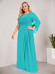 A-line Scoop Illusion Floor-Length Lace Chiffon Mother of the Bride Dress With Sequins Pleated