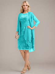 Sheath/Column Scoop Illusion Knee-Length Lace Chiffon Mother of the Bride Dress With Cascading Ruffles Sequins