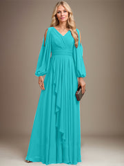 A-line Cold Shoulder V-Neck Floor-Length Chiffon Mother of the Bride Dress With Cascading Ruffles Beading